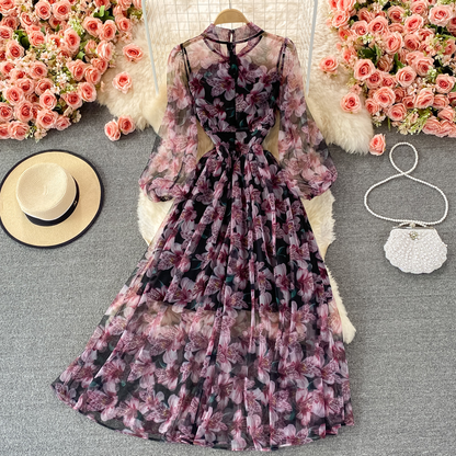 Printed A Line Long Dress Autumn Bow Collar Long Sleeves Floral Dress 1364