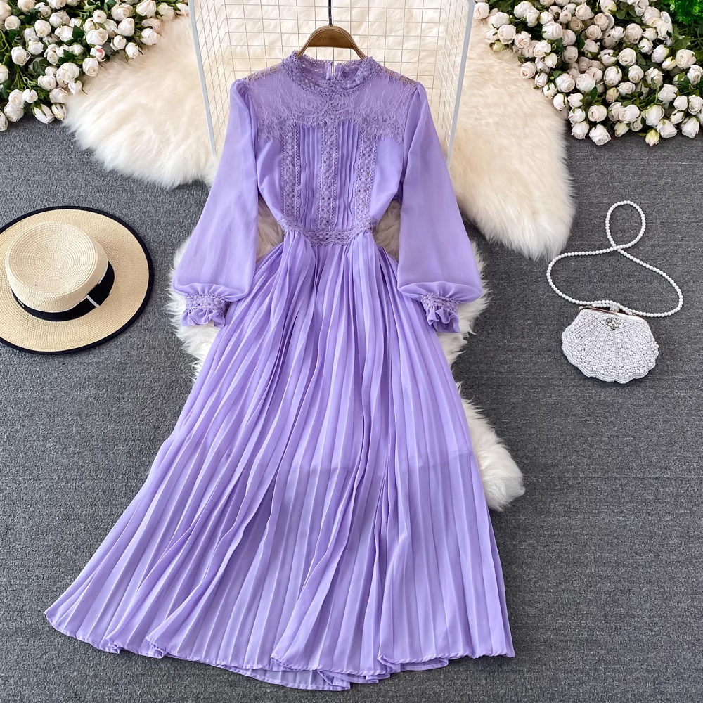 Spring and Autumn Bohemia Style  Lace Chiffon Pleated Dress 1448