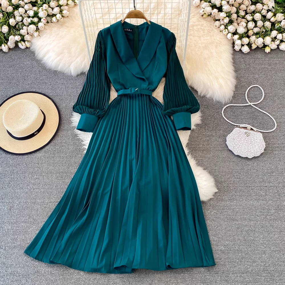 Spring Vintage Pleated V Neck Dress Long Sleeves Autumn Long Dress 1458