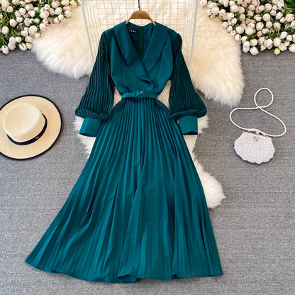 Spring Vintage Pleated V Neck Dress Long Sleeves Autumn Long Dress 1458