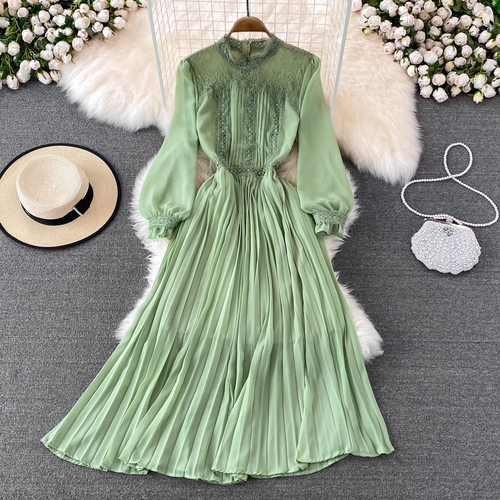 Spring and Autumn Bohemia Style  Lace Chiffon Pleated Dress 1448