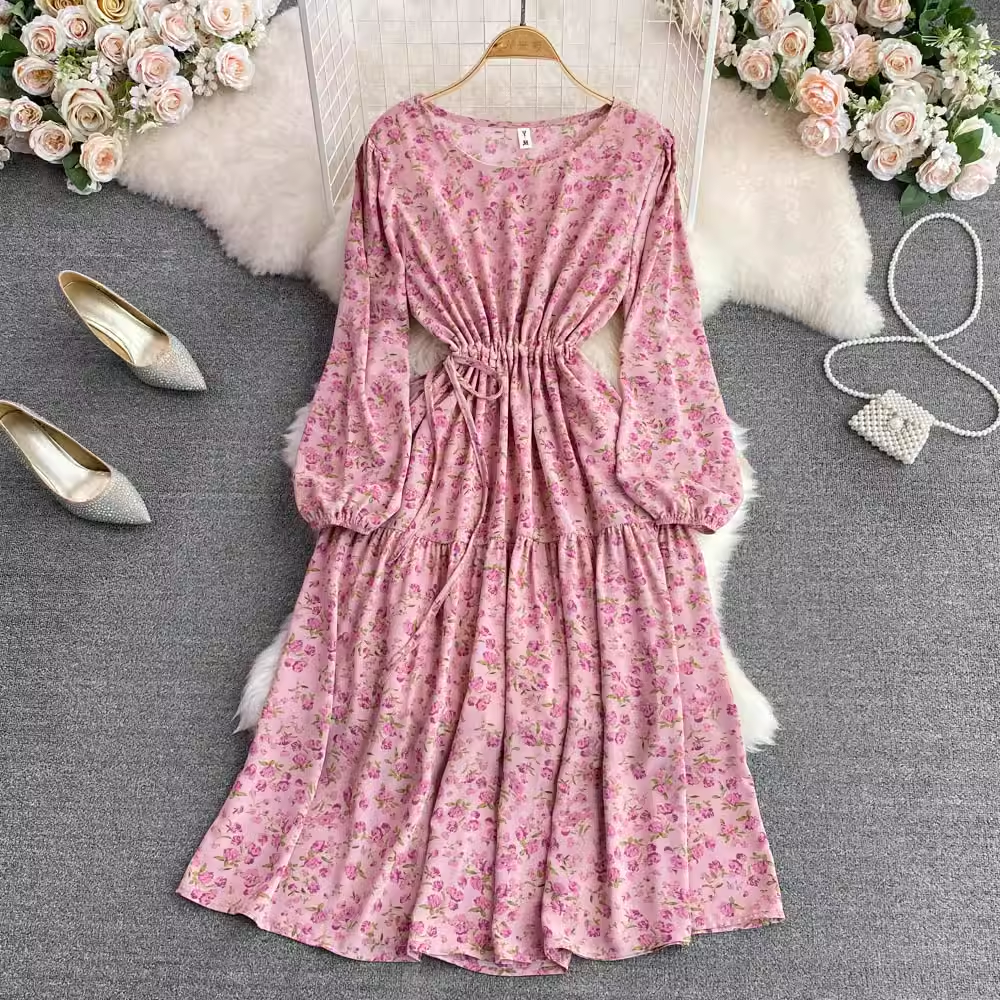 Spring Round Neck Pink Elegant Floral Dress 1606