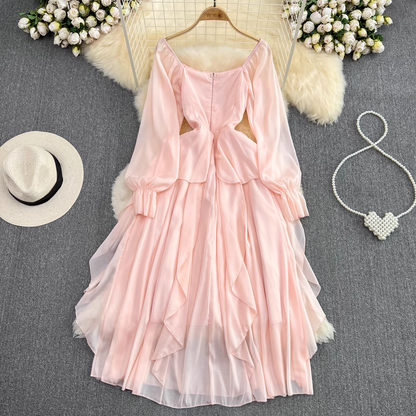 Fairy Long Sleeve Square Neck A Line Ruffle Dress  Fall Dress 1655