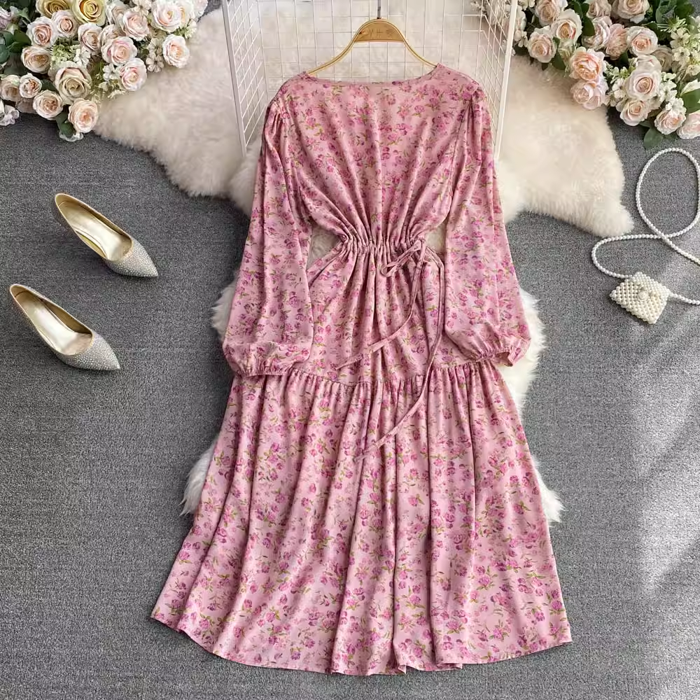 Spring Round Neck Pink Elegant Floral Dress 1606