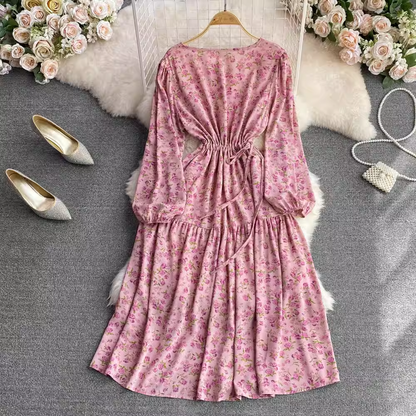 Spring Round Neck Pink Elegant Floral Dress 1606