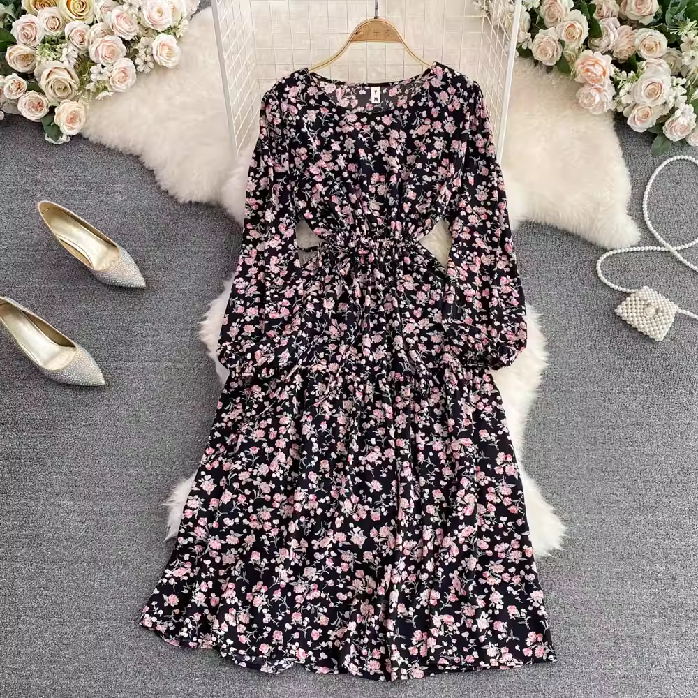 Spring Round Neck Pink Elegant Floral Dress 1606