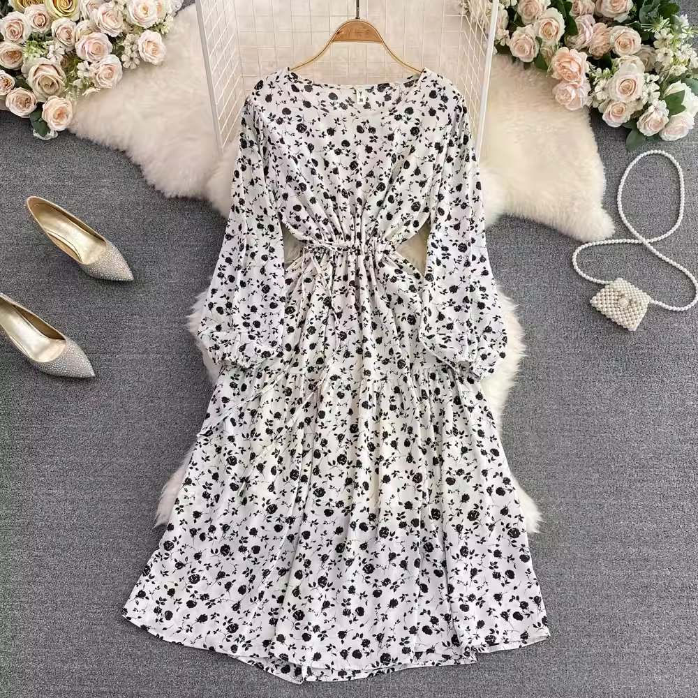 Spring Round Neck Pink Elegant Floral Dress 1606