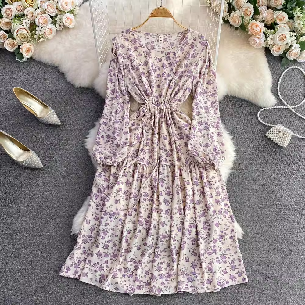 Spring Round Neck Pink Elegant Floral Dress 1606
