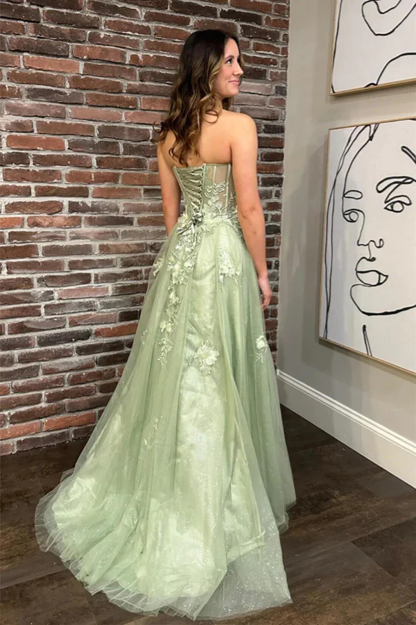Green Strapless Floral A line Long Prom Dress with Slit 2426