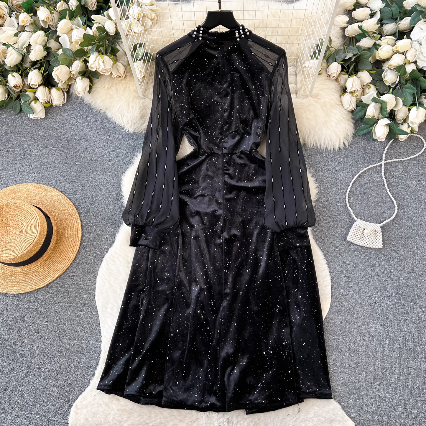 Black Velvet Beaded Dress Sequines  Elegant Dress 1875