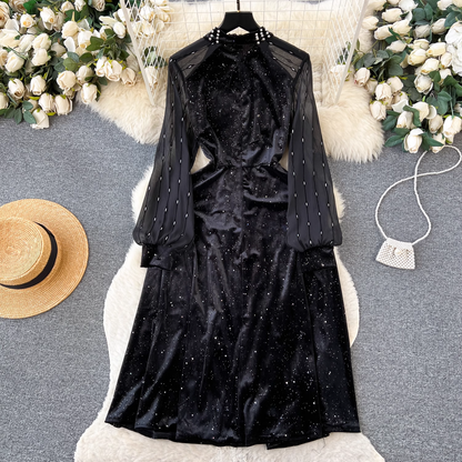 Black Velvet Beaded Dress Sequines  Elegant Dress 1875