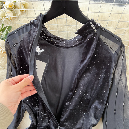 Black Velvet Beaded Dress Sequines  Elegant Dress 1875