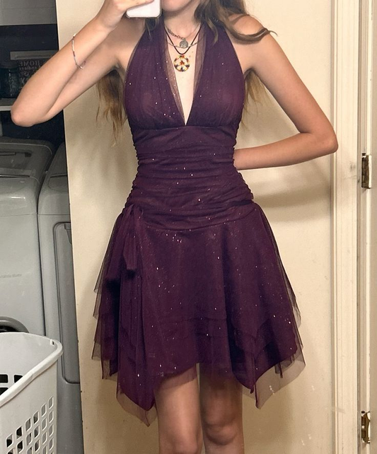 Sexy Deep V Halter A Line Homecoming Dress Purple Cocktail Dress J7495