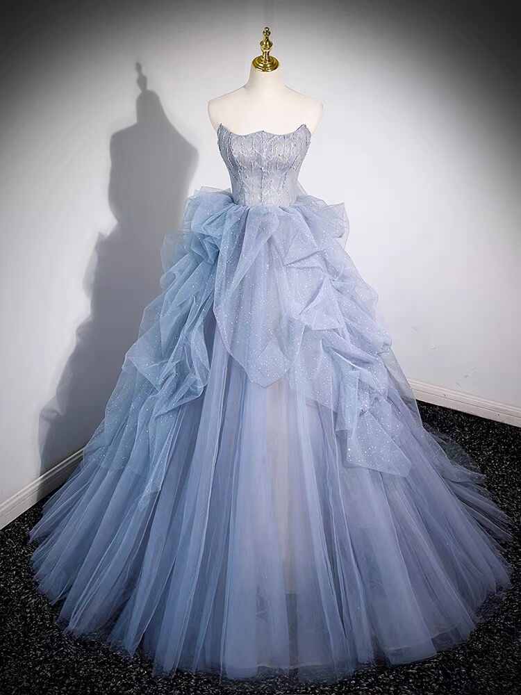 Strapless Blue A Line Tulle Ball Gown Prom Dress J3076