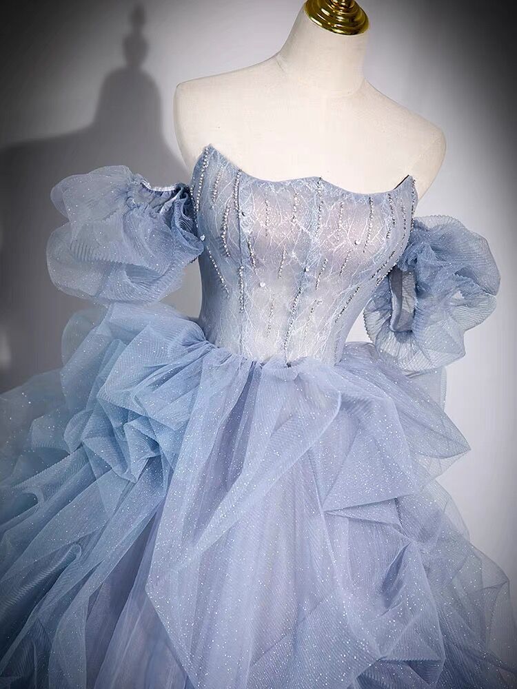Strapless Blue A Line Tulle Ball Gown Prom Dress J3076