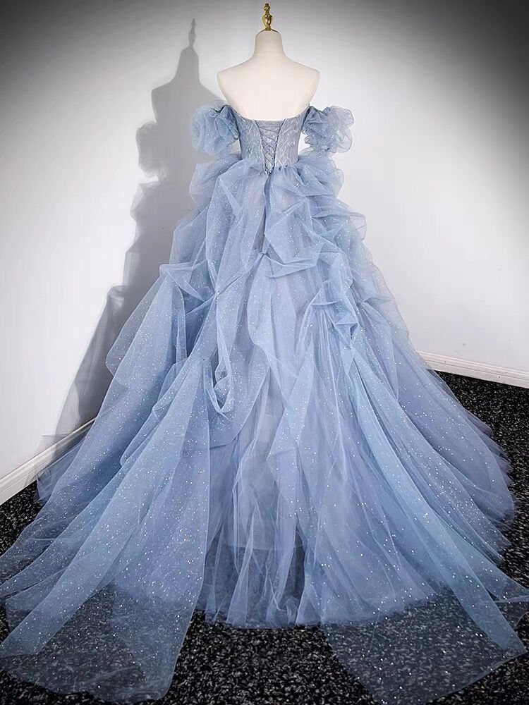 Strapless Blue A Line Tulle Ball Gown Prom Dress J3076
