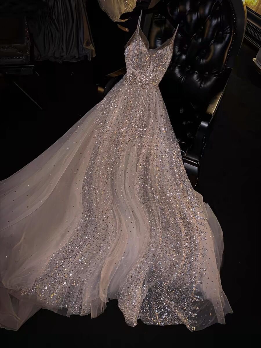 V Neck A Line Sequin Long Prom Dress Evening Party Dress J3088