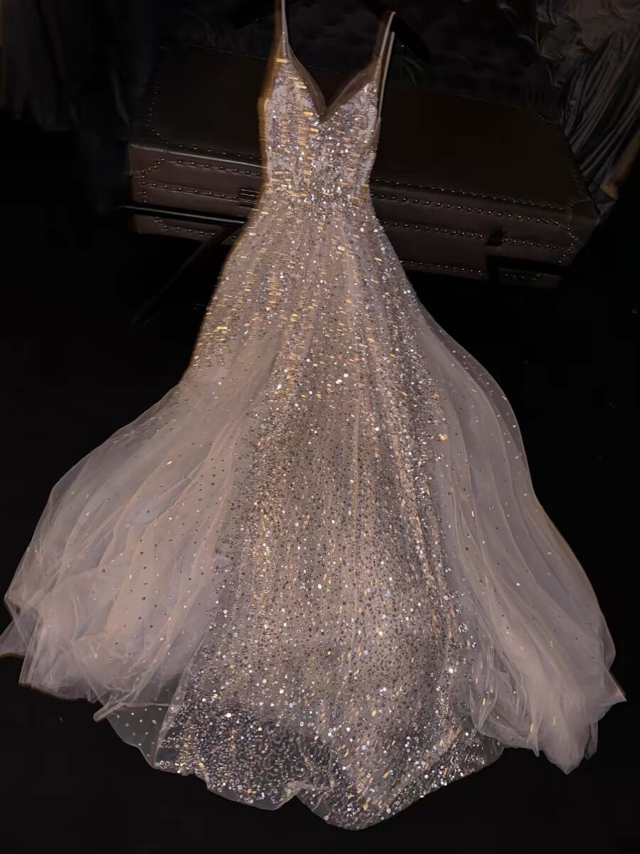 V Neck A Line Sequin Long Prom Dress Evening Party Dress J3088