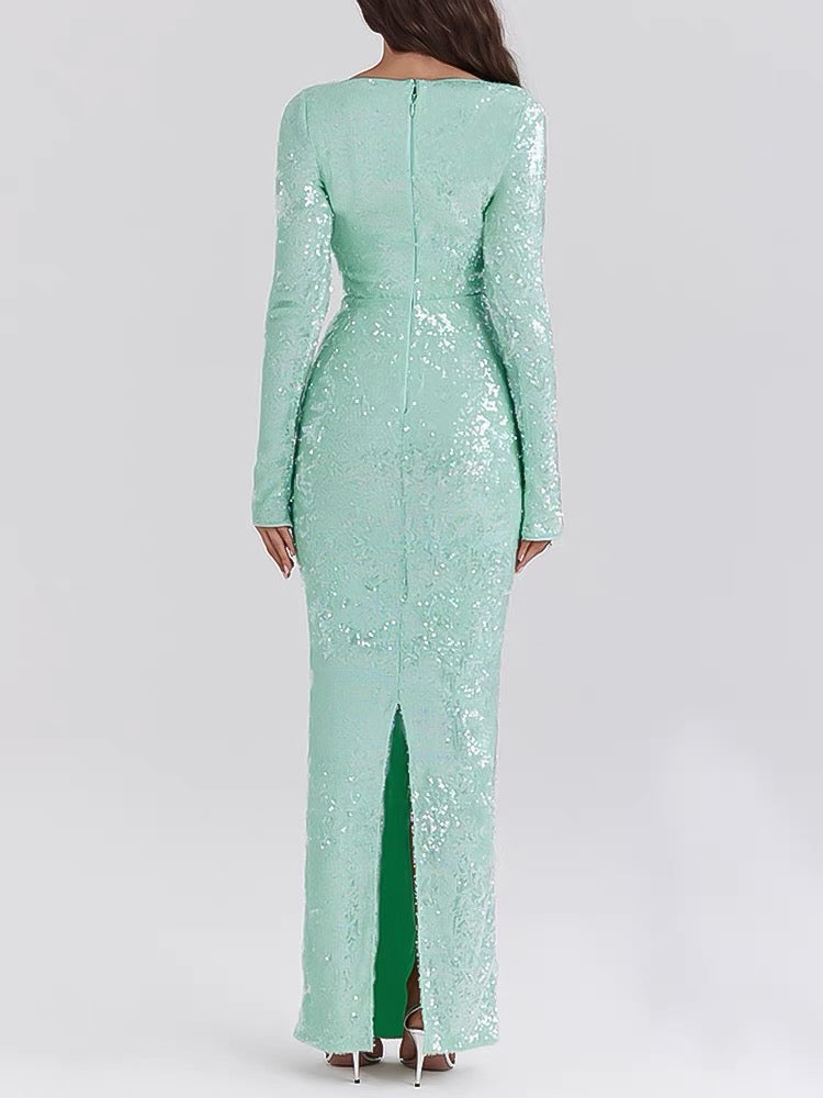 Mint Green Sequin Long Prom Dress Ruffle Formal Evening Gown J3661