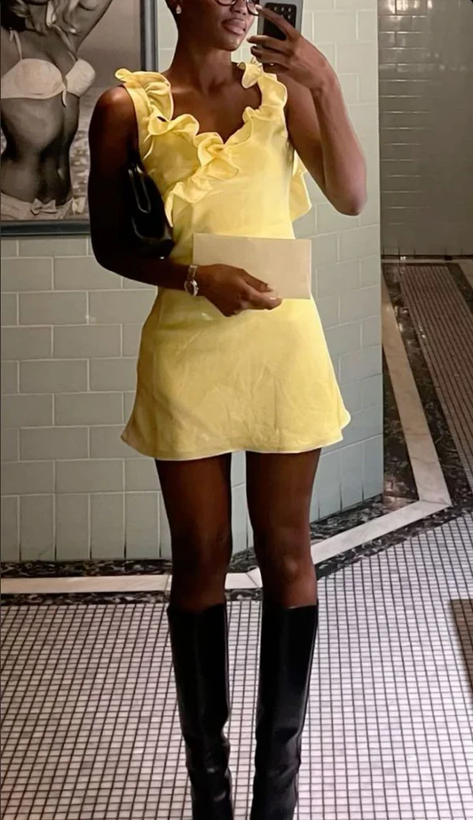 Yellow Backless Ruffled Short Homecoming Dress Party Dress J3985