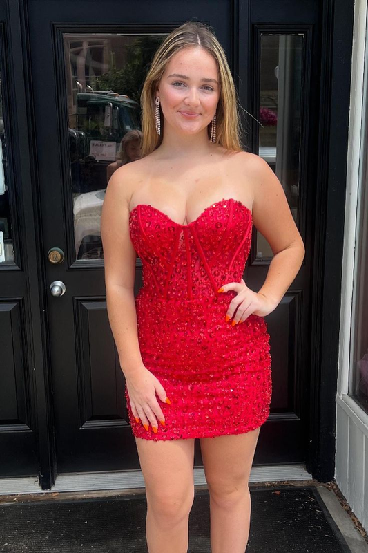 Sweetheart Red Sequin Tight Mini Party Dress Homecoming Gown J3996
