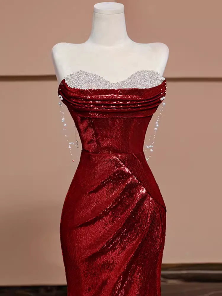 Strapless Red Sequin Mermaid Long Prom Dress Formal Evening Gown J4355