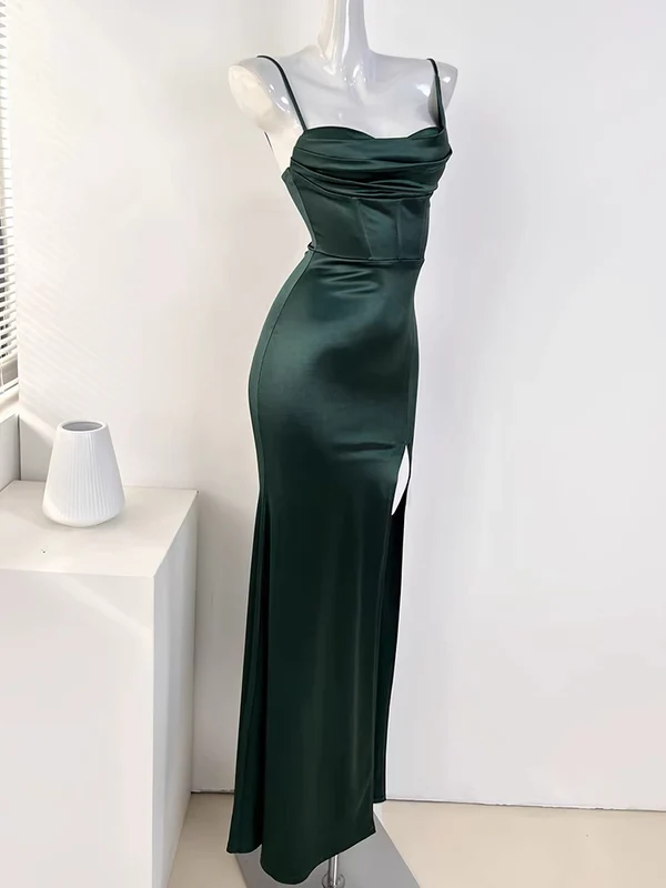 Spaghetti Straps Green Satin Long Prom Dress With Slit J4360