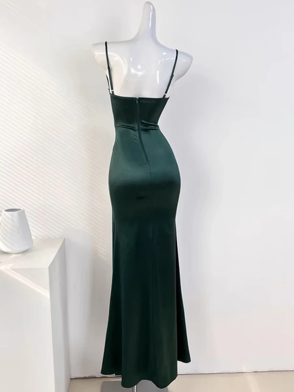 Spaghetti Straps Green Satin Long Prom Dress With Slit J4360