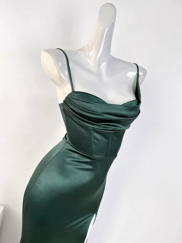 Spaghetti Straps Green Satin Long Prom Dress With Slit J4360