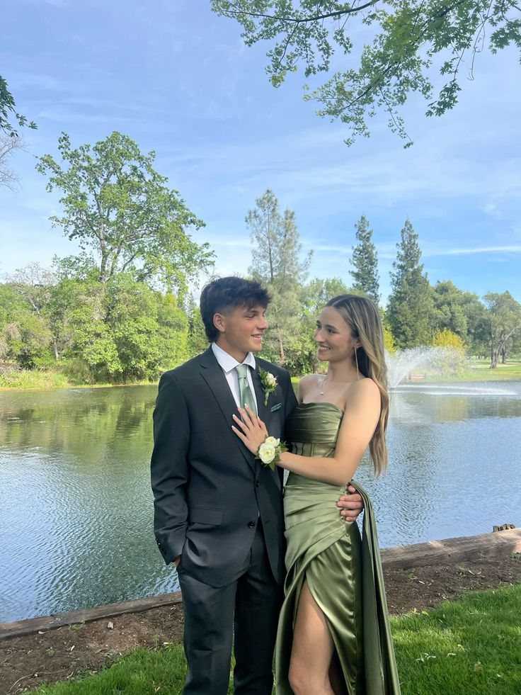 Strapless Green Satin Long Prom Dress With Slit J4442