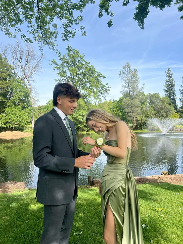 Strapless Green Satin Long Prom Dress With Slit J4442