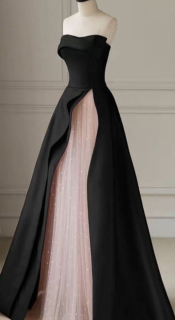 Strapless Black Satin Tulle Long Prom Dresses Party Dress J4288