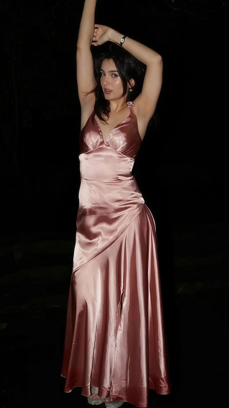 Pink V Neck Satin Party Dress Floor Length Evening Prom Dress J5693