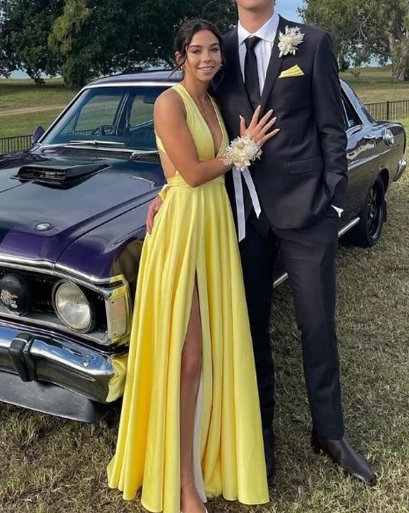 V Neck A line Satin Long Evening Prom Dresses J5799