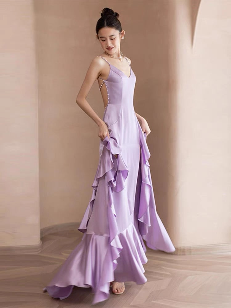 Backless A Line Ruffle Long Prom Dress Purple Formal Evening Gown J3654