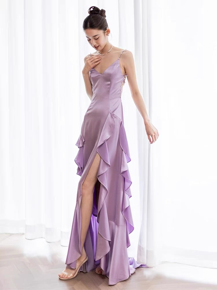 Backless A Line Ruffle Long Prom Dress Purple Formal Evening Gown J3654