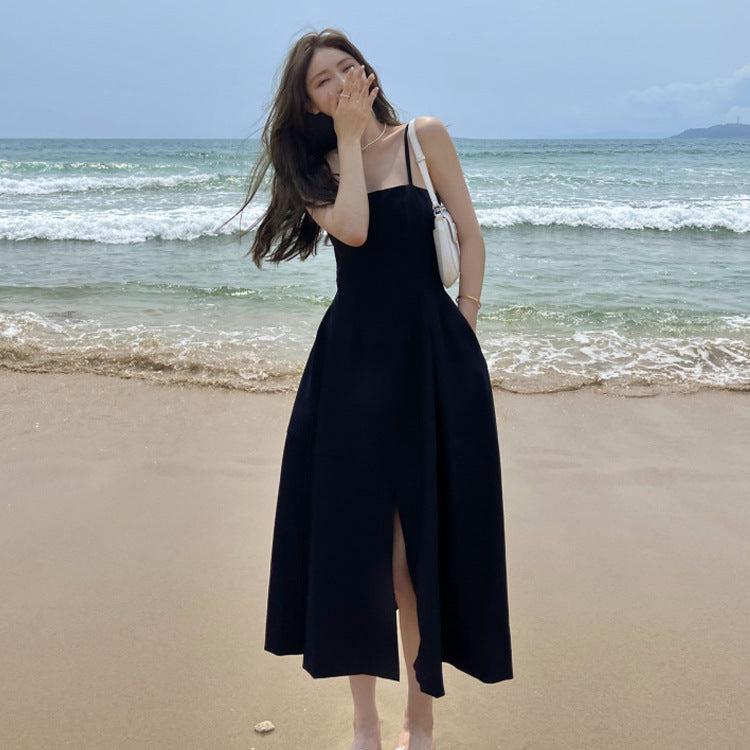 Black French Spaghetti Strap Women Dress Summer Mid Length Dress 63 - JulyProm