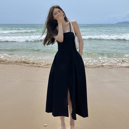Black French Spaghetti Strap Women Dress Summer Mid Length Dress 63 - JulyProm