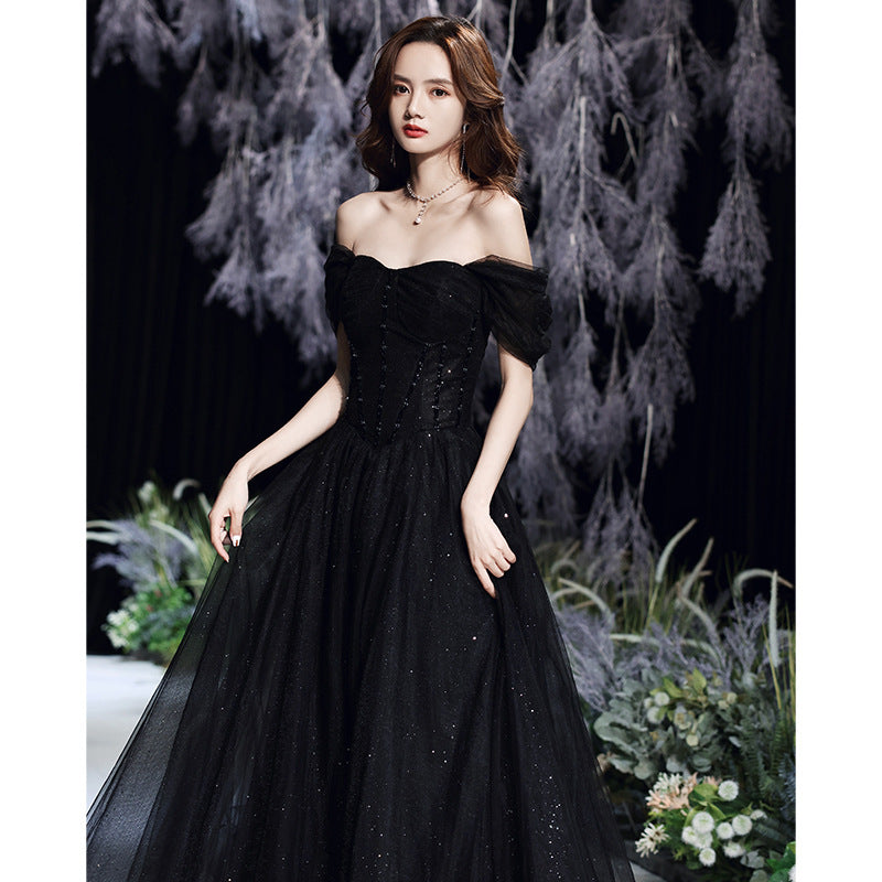 Black Off Shoulder Long Prom Dress A Line Long Evening Dress 84 - JulyProm