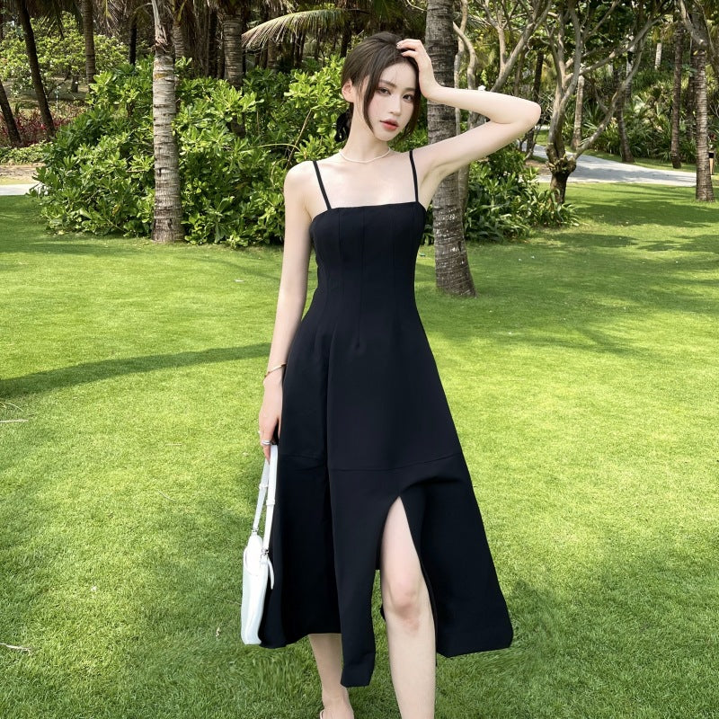 Black French Spaghetti Strap Women Dress Summer Mid Length Dress 63 - JulyProm