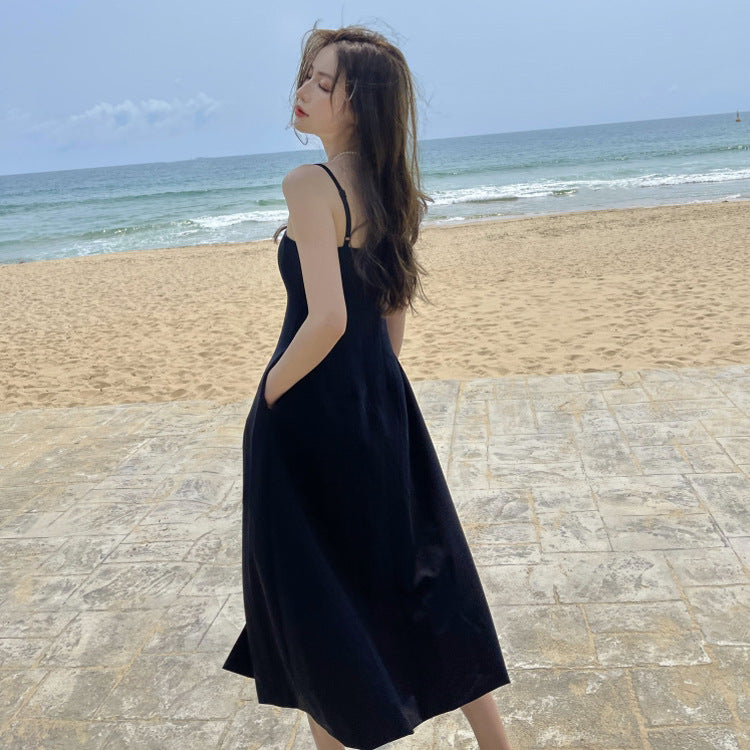 Black French Spaghetti Strap Women Dress Summer Mid Length Dress 63 - JulyProm