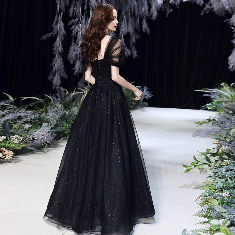 Black Off Shoulder Long Prom Dress A Line Long Evening Dress 84 - JulyProm