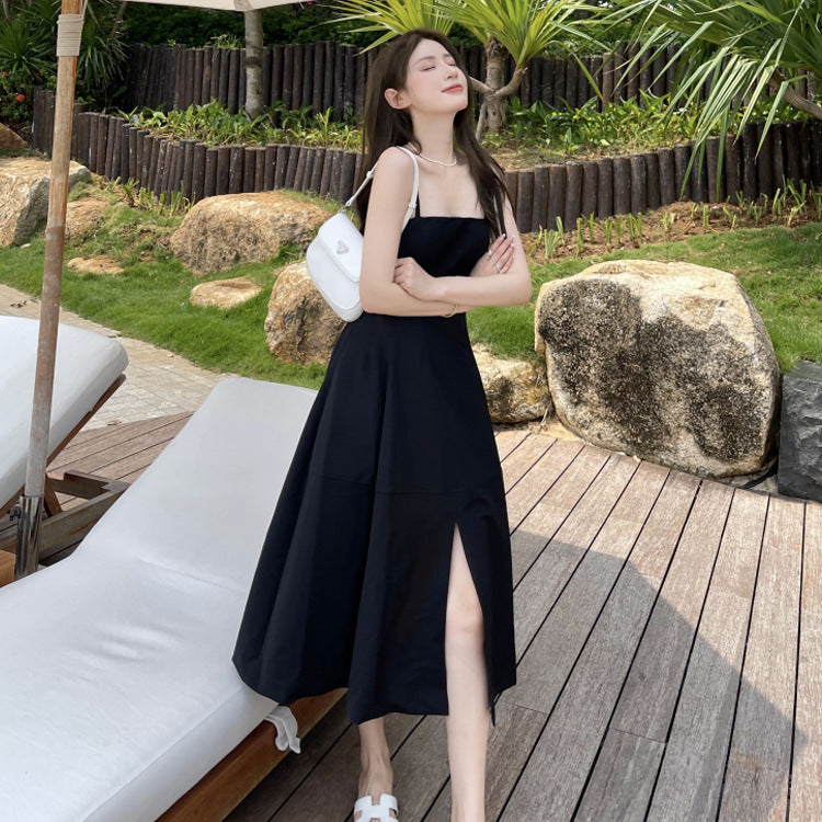 Black French Spaghetti Strap Women Dress Summer Mid Length Dress 63 - JulyProm
